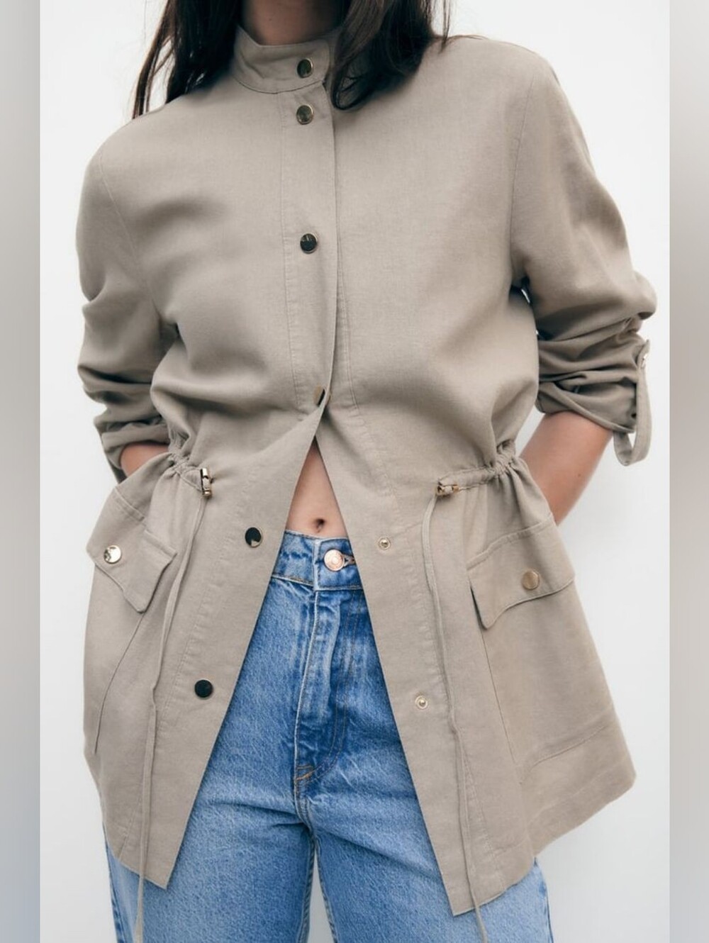 NWT Zara Linen Blend Utility Safari Jacket Taupe XS